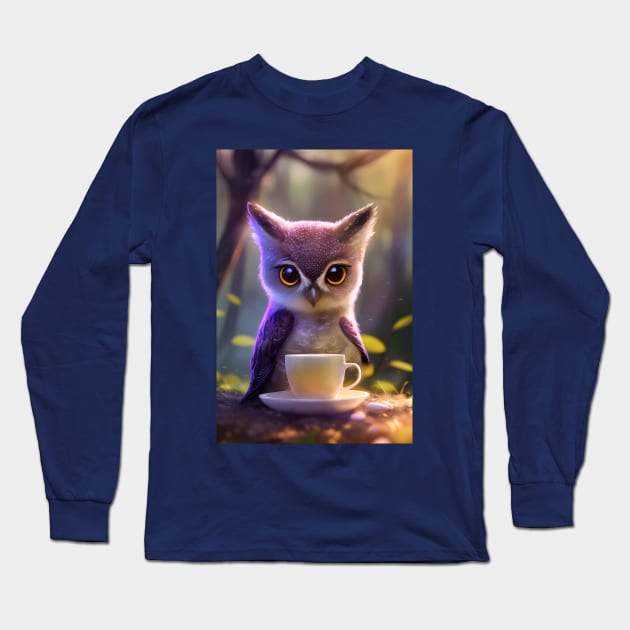 Cute Owl with a mug cup of morning coffee Long Sleeve T-Shirt by akwl.design
